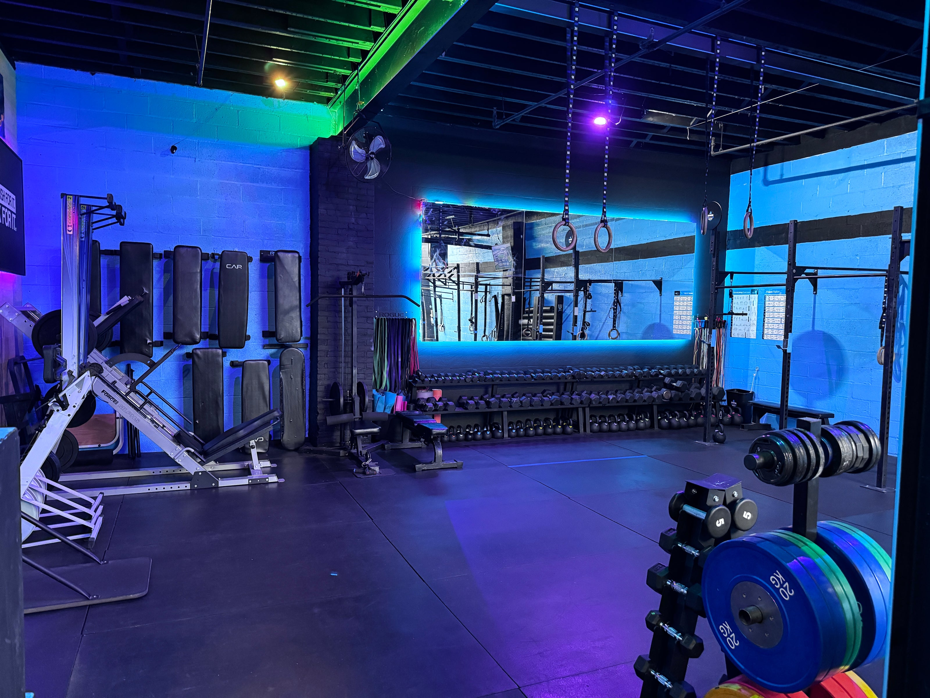 Gym interior with various equipment under blue and purple lighting